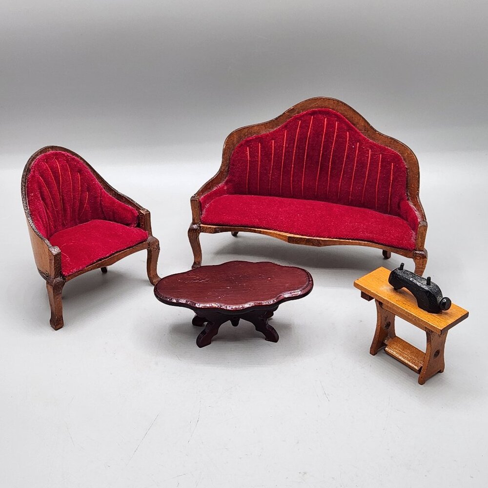 Vintage Miniature Dollhouse Furniture Velvet Victorian Couch Chair Table Sewing